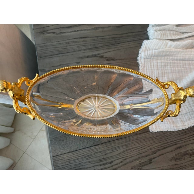 Signed “Martin Benito” French Empire-Style Gilt Bronze & Crystal Centerpiece Bowl – Cherub & Dolphin Motif For Sale - Image 4 of 9