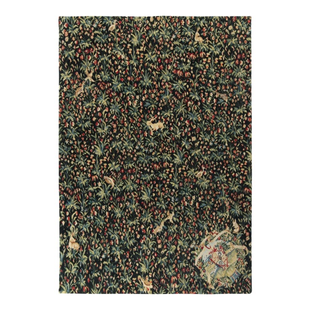 Rug & Kilim’s Tudor Style Pictorial Rug, Green and Blue Floral Pattern For Sale