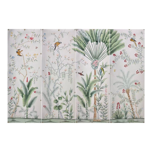 Chinoiserie Hand-Painted Wallpaper Panels, Soft Neutral Background With Tropical Floral & Bird Motifs, Set of 4 For Sale