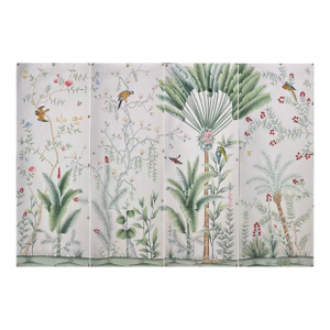 Chinoiserie Hand-Painted Wallpaper Panels, Soft Neutral Background With Tropical Floral & Bird Motifs, Set of 4