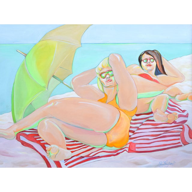 Pop Art Large Pop Art Modernist Oil Painting of Two Sun Bathers at the Beach For Sale - Image 3 of 6