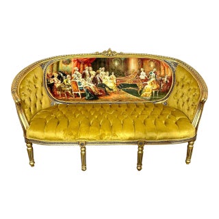 French Tufted Mustard Sofa – Victorian Scene Upholstery, Gold Leaf For Sale