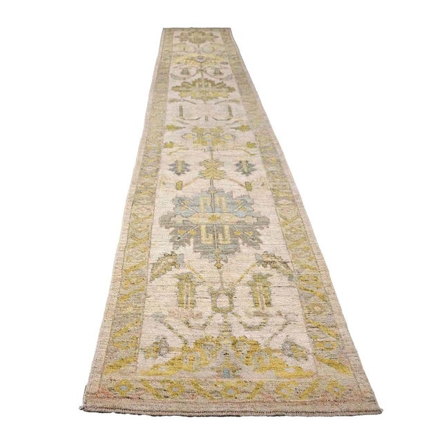 21st Century Turkish Oushak Wool 3x19 Gold & Ivory Handmade Runner Rug #1144106 For Sale - Image 4 of 10
