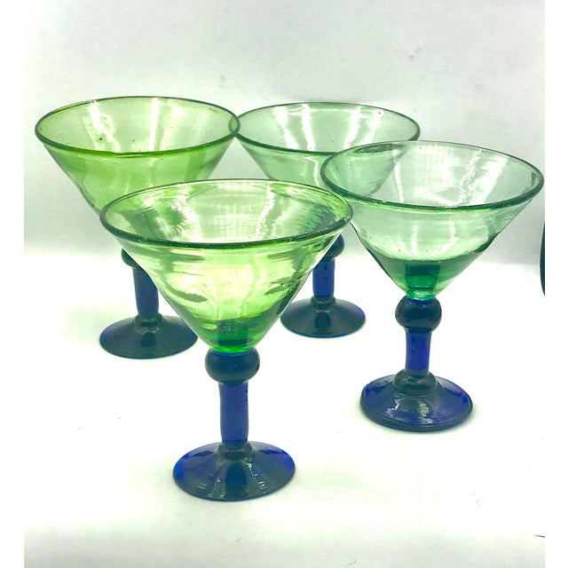 1980s Hand Blown Green and Cobalt Martini - Set of 4 For Sale - Image 4 of 8