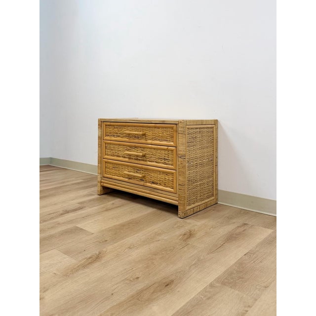 Hollywood Regency Vintage Chest Coastal Wicker Rattan Three Drawer Boho Hollywood Regency Dresser For Sale - Image 3 of 13