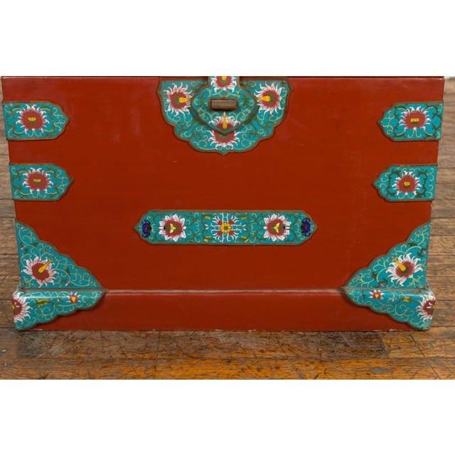 Red Chinese Vintage Blanket Chest with Red Lacquer and Cloisonné Floral Décor For Sale - Image 8 of 13