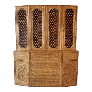 Vintage 1970's Lacquered Bamboo Cane Sideboard Cabinet