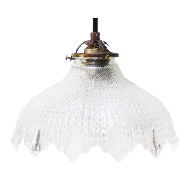 Metal Vintage Glass and Brass Pendant Light from Holophane For Sale - Image 7 of 7