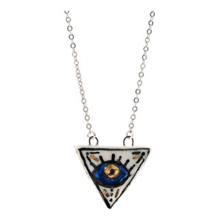 Talisman Evil Eye Hand Painted Silver Charm Necklace For Sale