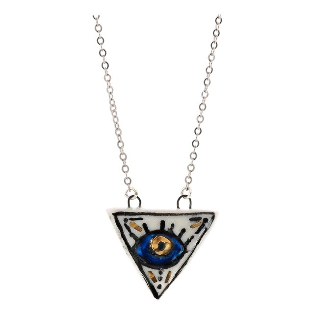 Talisman Evil Eye Hand Painted Silver Charm Necklace For Sale