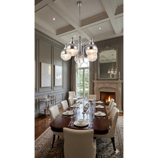 Mid-Century Modern Chrome and Clear Glass Five-Light Globe Chandelier, 1970s, in Very Good conditions. Designed 1970 to...