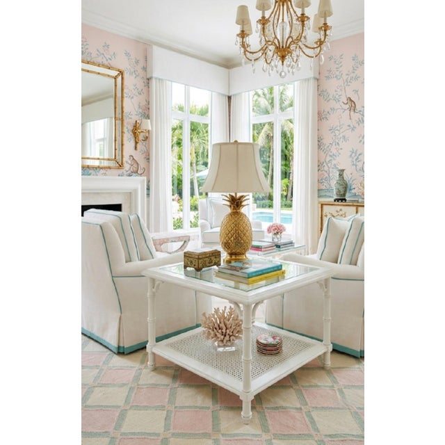 White Vintage Faux Bamboo Regency Oversized White Glass Top Cane Bottom Shelf Square Side Coffee Tables- a Pair For Sale - Image 8 of 11