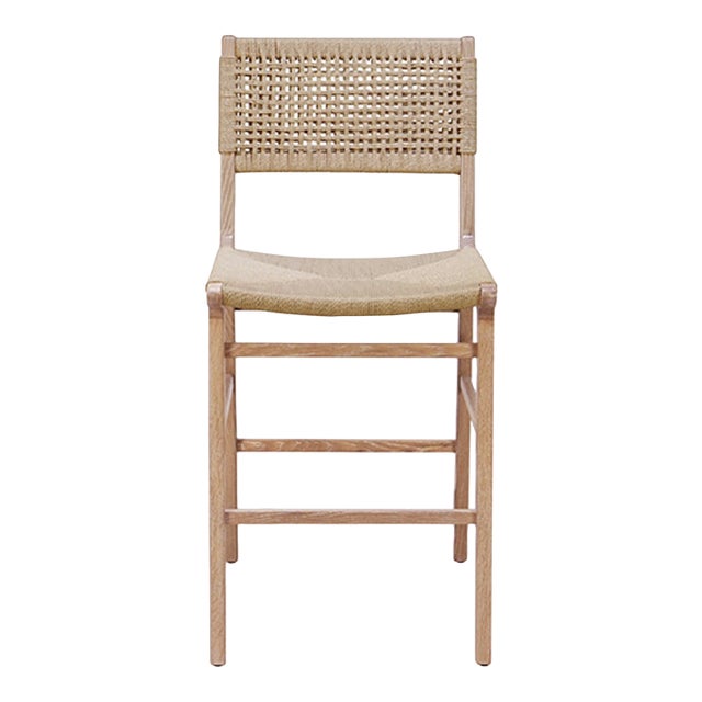 Matthew Izzo Home Astrid Cerused Oak Counter Stool With Woven Back and Rush Seat For Sale