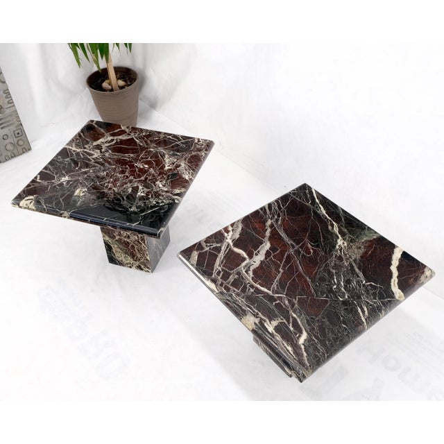 Pair of Square Black & Dark Red & White Veins Marble Side End Tables Stands Mint For Sale - Image 12 of 13