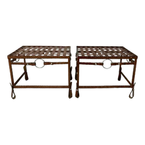 Jacques Adnet Faux Leather Metal Strapped Tables Attribution