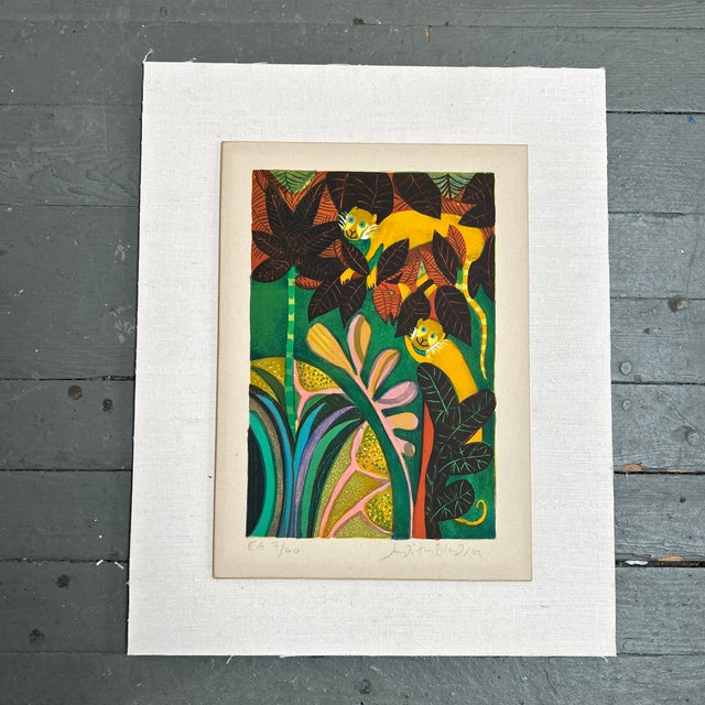 1970’s folk art jungle scene lithograph by Judith Bledsoe. Litho itself measures 10.5x14.75 and overall on board measures...