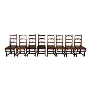 Antique French Country Ladder Back Oak Dining Chairs - Set of 8 For Sale