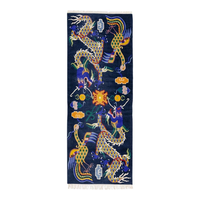 Blue Chinese Vintage Peking Handmade Wool Rug With Mullticolor Dragon Design For Sale