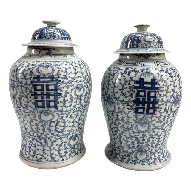 Large Antique 19th-Century Blue & White Ginger Jars - a Pair For Sale