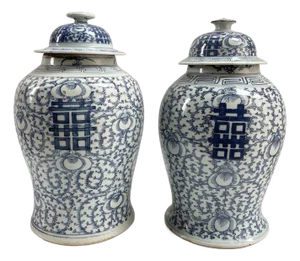 Large Antique 19th-Century Blue & White Ginger Jars - a Pair