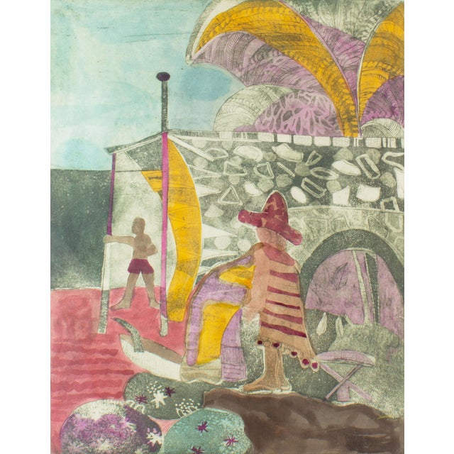 An etching with aquatint titled "Indian Beach" by American artist Maryellen Shafer (1929-2016). In bright, tropical...