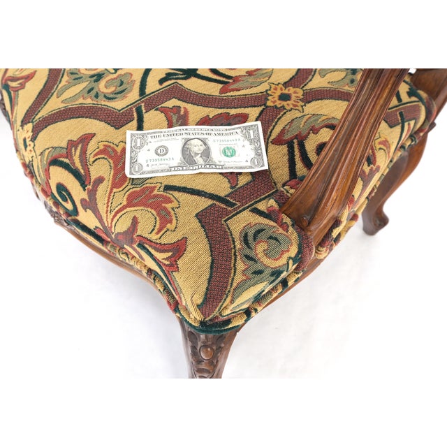 Brown Pair of His & Hers Finely Carved Walnut Country French Lounge Armchairs Tapestry For Sale - Image 8 of 16