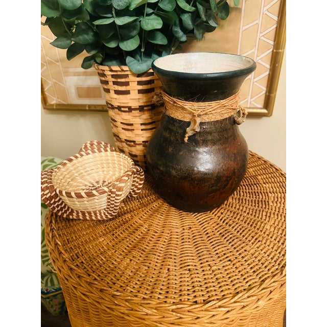 Very organic looking, this elegant piece is hand crafted. Great detail of burlap twine and beads