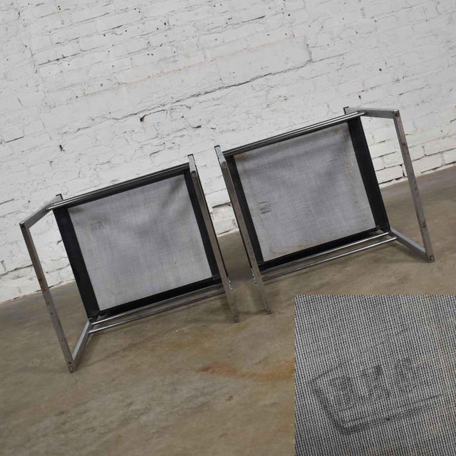 Vintage Chrome & Black Vinyl Faux Leather Sling Director’s Chairs Straight Legs, a Pair For Sale - Image 9 of 13