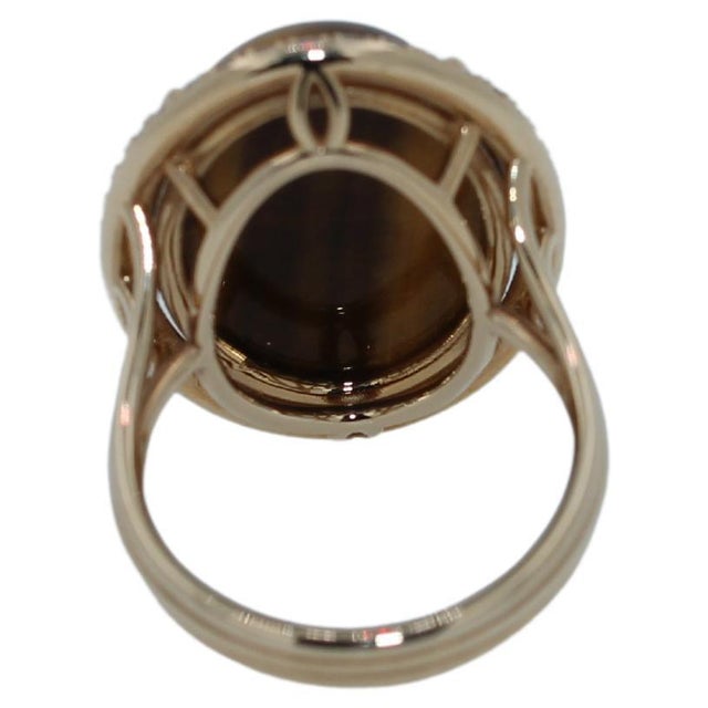 Golden Oval Tiger's Eye Cabochon Diamond Halo Cocktail 14 Karat Yellow Gold Ring, Size 7 For Sale In Washington DC - Image 6 of 15