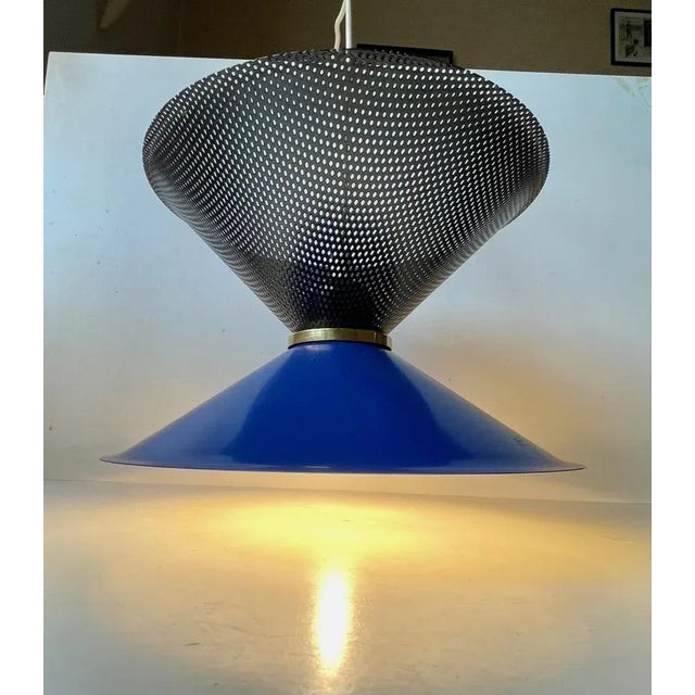 Vintage Italian Blue Diablo Pendant Ceiling Lamp with Brass Disc, 1970s For Sale - Image 4 of 8