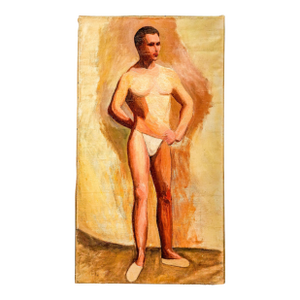 Large Semi Nude Male Man Portrait Art Study Antique Oil Painting