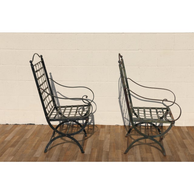 1970s Vintage Pair of 1970s Hervé Baume French Wrought Iron Folding Patio Chairs With Rustic Patina | Outdoor Garden Armchairs For Sale - Image 5 of 18