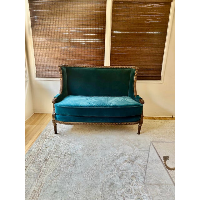 Wood Louis XVI Velvet Settee & Matching Chair Carved Giltwood Bergere Set For Sale - Image 7 of 10