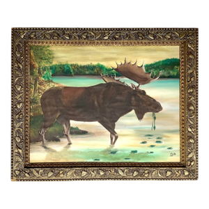 Circa Late 1800s Moose Oil Painting Original Frame