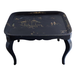 Mid 20th Century Ebonized Chinoiserie Coffee Table With Hand Painted Tole Top For Sale