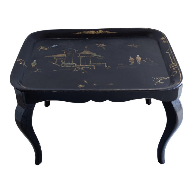 Mid 20th Century Ebonized Chinoiserie Coffee Table With Hand Painted Tole Top For Sale