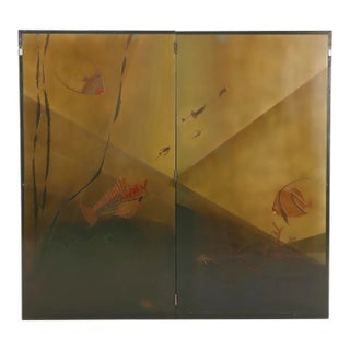 "Near the Ocean Floor", Art Deco Lacquered Screen W/ Fish & Coral by Jallot For Sale