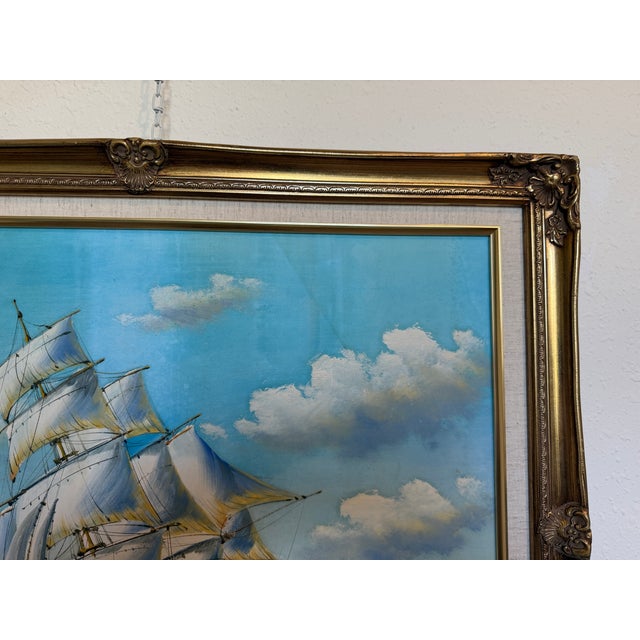 Blue Oil Painting Sailing Ship Seascape Signed Maritime Art Ocean Waves Nautical For Sale - Image 8 of 9