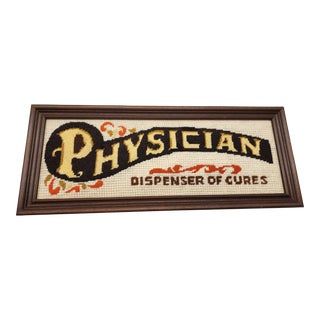 60's Framed Hand Needlepoint "Physician- Dispenser of Cures" For Sale