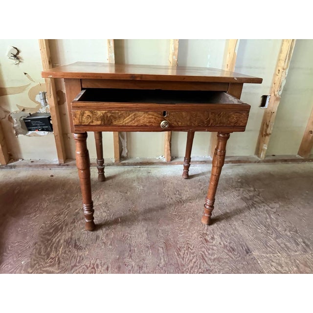 Victorian Antique Victorian Style Burled Wood Inlaid Walnut Single Drawer Side Hall Table For Sale - Image 3 of 17