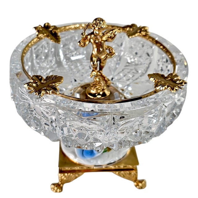 Baroque Regency Crystal & Gilded Metal Pedestal Ashtray – Cherub & Porcelain Flowers For Sale In San Francisco - Image 6 of 12