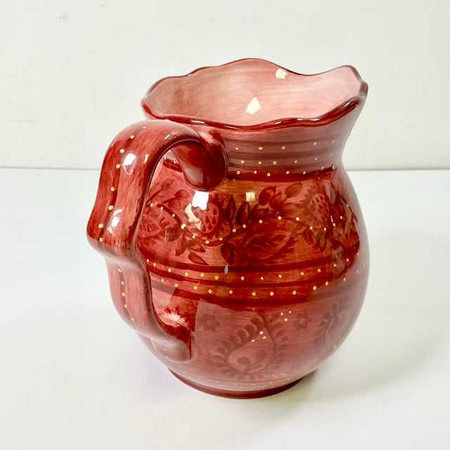 1990s 1990s Boho Chic Farmhouse Scalloped Handle Hand Painted Ceramic Pitcher. For Sale - Image 5 of 14