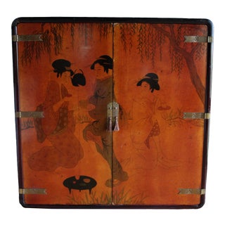 20th Century Antique Japanese Asian Wedding Cabinet Tansu Credenza Bar Hand Painted Geisha Motif Chinoiserie Black Lacquer + Brass For Sale
