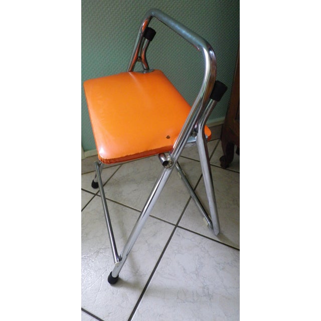 Folding Occasional Stool in Chromed Metal with Orange Imitation Leather Seat, France, 1970s For Sale - Image 3 of 12
