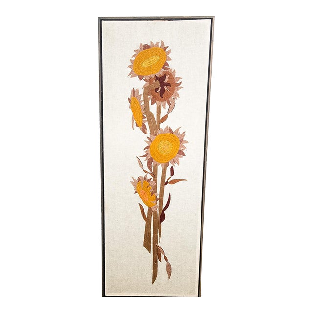Mid Century Modern Vintage Tapestry Wall Hanging Hand Made Sunflowers Floral For Sale