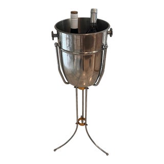Vintage Mid-Century Modern Stainless Steel Champagne Bucket on Tripod Stand, 30.5” For Sale