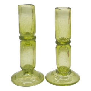 Vintage Hand-Blown Green Glass Candlestick Holders, Pair, 6.5" For Sale