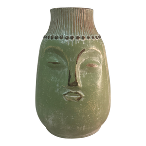 1970s Green Ceramic Vase With Face Motif