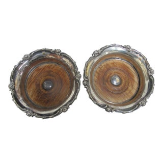 Antique British Elkington & Co Large Silver Plated & Wood Wine Bottle Coaster Pair For Sale