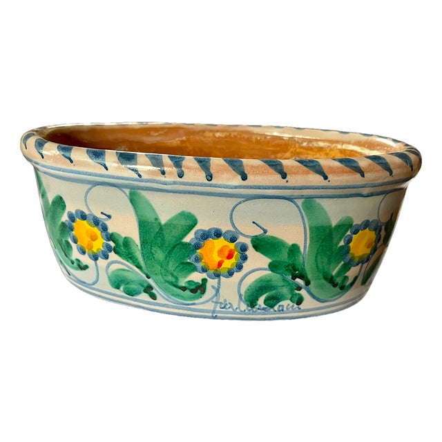 Vintage Vietri Signed and Hand-Painted Italian Oval Cachepot / Planter / Jardinier Mediterranean Floral Majolica For Sale